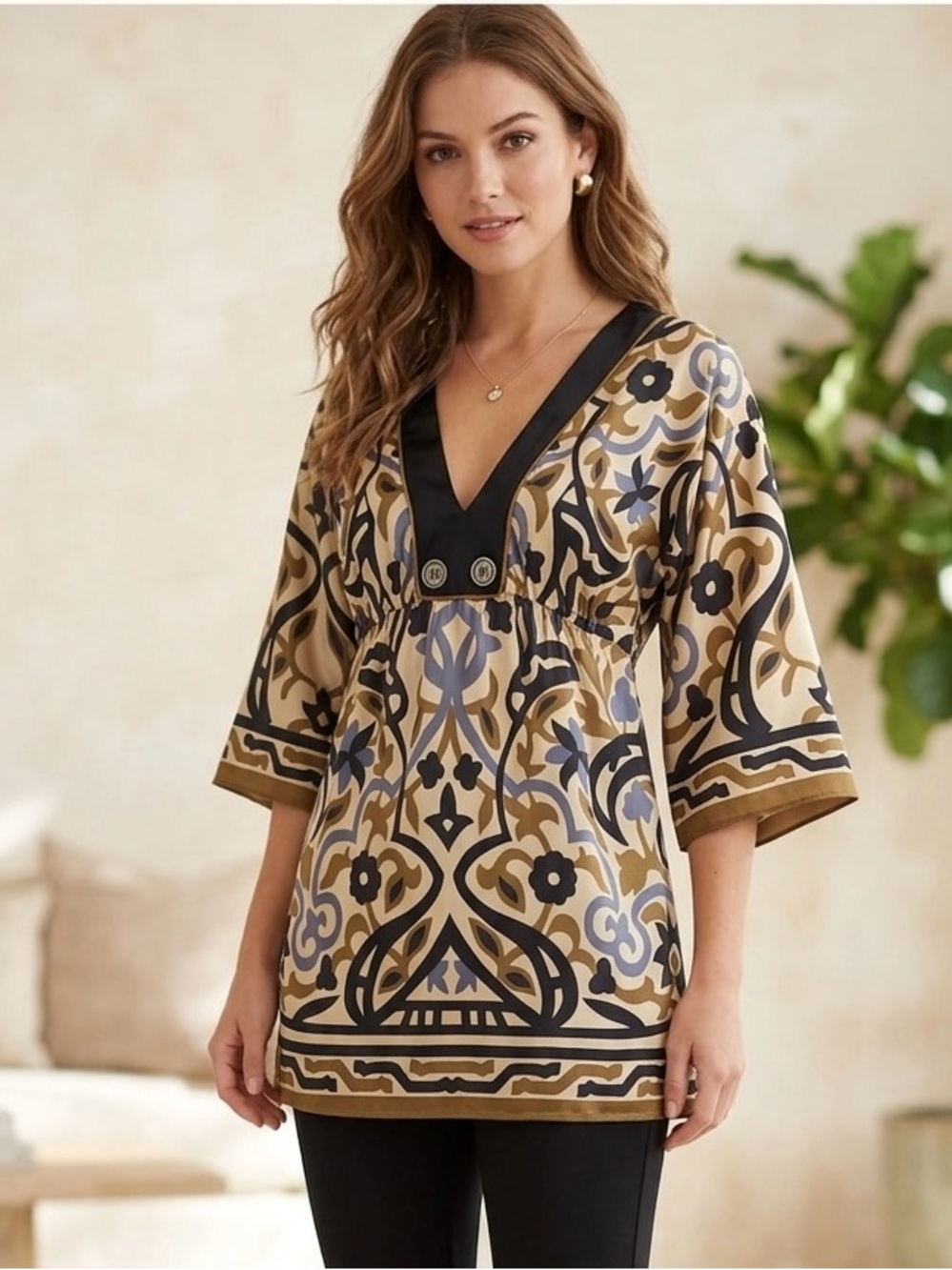 Hale Bob Women Tunic Top Size XS Silk Kimono Sleeve Boho Gold Black Empire Waist